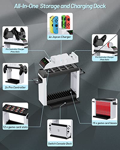 Switch Organizer with Controller Charging Station, ZAONOOL Charger Stand for Nintendo Switch/OLED Joycon and Pro Controller, Accessories Storage Tower for Console, Games and Dock