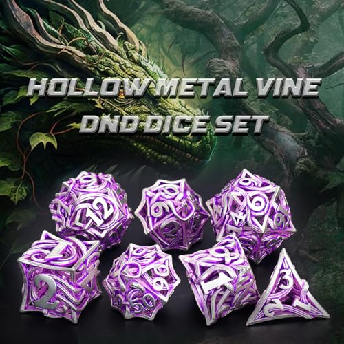 FONVGOGO Metal DND Dice Set of 7 for Dungeons and Dragons Hollow Polyhedral Metal Vine Dice Set DND with Case Role Playing D and D RPG Dice for Tabletop Games Ttrpg (Vine White Purple) - color: Vine White Purple