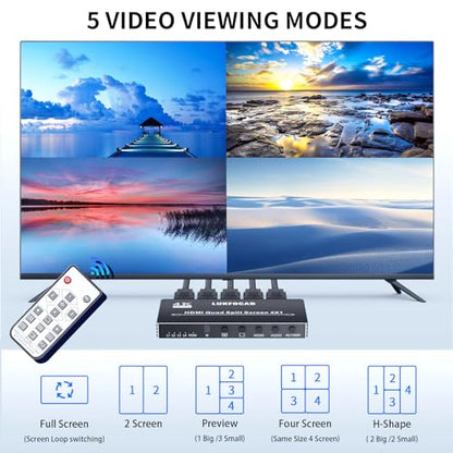 HDMI Multi-Viewer 4X1, Seamless Switcher 4 in 1 Out, Quad Multi Viewer Switcher with IR Remote, Supports 4K 30Hz, 5 Display Modes for Security Camera, Gaming Consoles