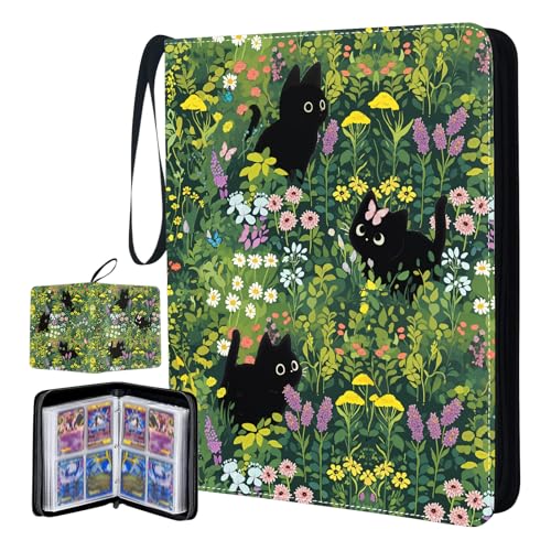 Card Binder for Girls, Cat Trading Card Binder 4 Pocket, Collectible Trading Card Holder for 400 Cards, PU Leather Binders Game Cards Collection Sports Cards Collector Albums with Zipper - color: Black Cat-Flowers, size: 400 Pockets