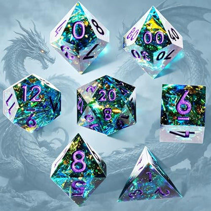 DND Resin Sharp Edge Polyhedral Dice Set,for Dungeons and Dragons RPG MTG Table Games,7 Pcs Handmade Dice Set - color: Fae's Tear