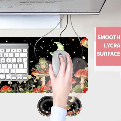 Mouse Pad,Large Desk Mat Set, 4in1 XL Mousepad + Keyboard Wrist Rest+Mouse Wrist Rest+Coaster with Ergonomic Desk Pad for Home Office Table Computer Cover -Aesthetic Mushroom Frog - color: Aesthetic Mushroom Frog