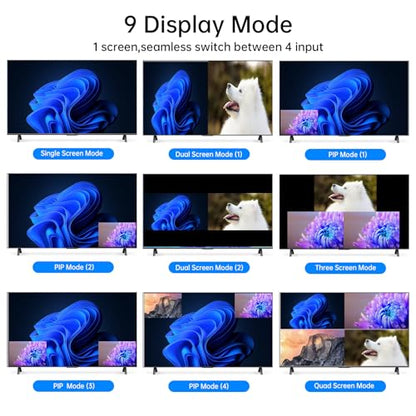 4K HDMI Quad Multi-viewer 4x1, Yinker 4 in 1 Out HDMI Quad Switcher 4 to 1 Screen Multiviewer for 4K@60Hz, Supports Audio Extractor & Screen Rotation & 8 Display Modes PIP PBP & IR Remote & RS232 - size: 4K 60Hz 4x1 w/o KVM