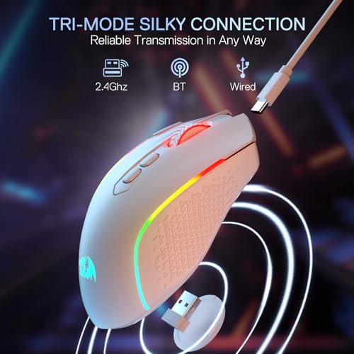 Redragon M810 MAX Wireless RGB Gaming Mouse 12000 DPI Remapping Keys | Cable-Free 0 Delay, Smooth Precise Tracking, Rapid-Fire Macro Keybinds, Vibing Backlight, Ergonomic Grip Body Comfort - color: White, style: M810 PRO MAX