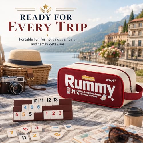 Smilejoy Rummy Cube 8 Player Edition, 214 Tiles in Travel Canvas Bag | Large numbered melmine tiles, 8 playing racks, 6 joker, timer, Travel carry bag, Tile travel game for Festival Gift choice - size: Large (6-8 player)