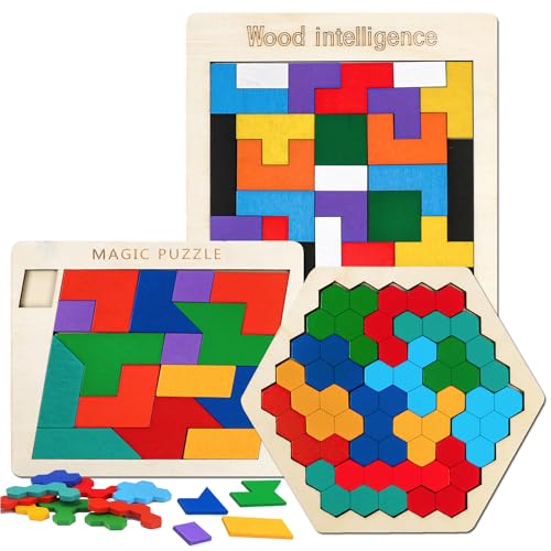 Wooden Brain Teaser Puzzles,Montessori Tangrams Pattern Blocks Logic Board Geometric Shapes Jigsaw Puzzle Games for Kids Ages 3-5,4-6(3Pack) - style: Puzzle set-3pcs
