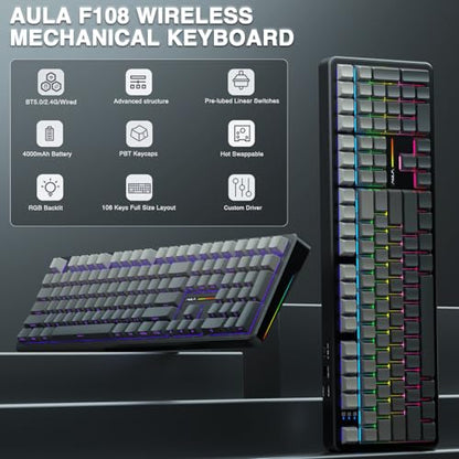 AULA F108 Wireless Mechanical Keyboard, Full Size Gaming Keyboard with Number Pad, Side Printed PBT Keycaps, Pre-lubed Switches, RGB Backlit, Hot Swappable Creamy Sounding Computer Keyboards, 108 keys - color: No Knob-Gradient Black