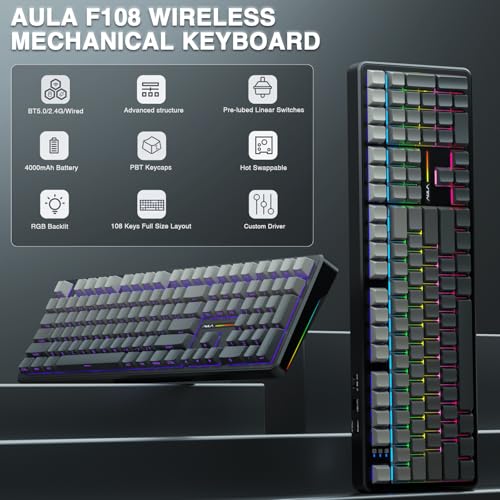 AULA F108 Wireless Mechanical Keyboard, Full Size Gaming Keyboard with Number Pad, Side Printed PBT Keycaps, Pre-lubed Switches, RGB Backlit, Hot Swappable Creamy Sounding Computer Keyboards, 108 keys - color: No Knob-Gradient Black