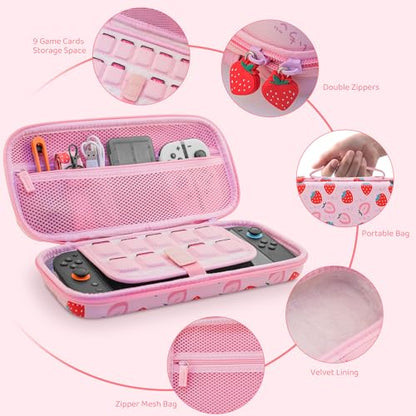 RHOTALL Pink Strawberry Carrying Case for Nintendo Switch 2 (2025) 7.9'', Cute Slim Hard Protective Travel Carry Case with 9 Game Cartridges Slots, Accessories Bundle Holder, Shoulder Strap - color: pink 12