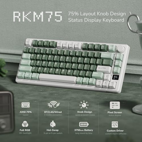 RK ROYAL KLUDGE M75 Wireless Mechanical Keyboard 2.4Ghz/BT5.1/USB-C Gaming Keyboard 75% Layout 81 Keys Gasket Mount with OLED Display & Knob RGB Backlight Hot-Swappable Pale Green Switch, Green - color: Green, size: Pale Green Switch
