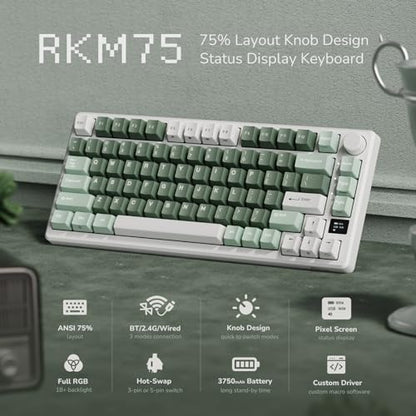RK ROYAL KLUDGE M75 Wireless Mechanical Keyboard 2.4Ghz/BT5.1/USB-C Gaming Keyboard 75% Layout 81 Keys Gasket Mount with OLED Display & Knob RGB Backlight Hot-Swappable Pale Green Switch, Green - color: Green, size: Pale Green Switch