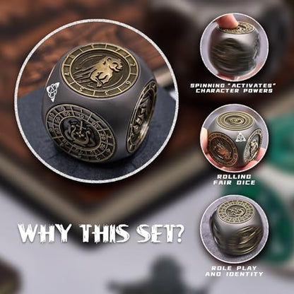 7-in-1 메탈 DND 주사위 스피너 큐브, 테이블 탑 RPG용 3D 릴리프, 던전 마스터 및 플레이어를 위한 선물 상자 (블랙 브론즈) - color: 블랙 브론즈