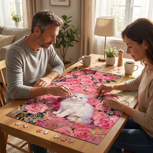 1000 Piece Puzzle for Adults, Elegant White Persian Cat with Pink Roses & Gold Art Nouveau Design, Premium Matte Finish, Thick Blue Cardboard, Perfect for Jigsaw Puzzles Lovers - color: Rose Gold Whiskers