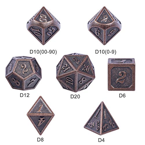 D&D Metal Dice Set, DNDND 7PCS Metallic Ancient Copper Dice with Metal Case for DND Dungeons and Dragons Table Games Roly Playing Rolling - color: Ancient Copper