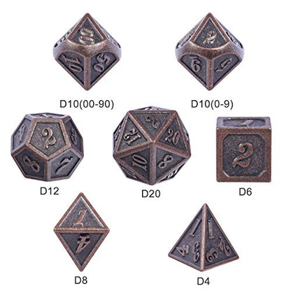 D&D Metal Dice Set, DNDND 7PCS Metallic Ancient Copper Dice with Metal Case for DND Dungeons and Dragons Table Games Roly Playing Rolling - color: Ancient Copper