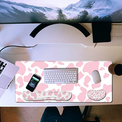 3Pcs Large Gaming Mouse Pad Desk Mat,Keyboard Mouse Wrist Rest Support Set,Extended Laptop Mouse Pad Memory Foam Non-Slip Base for Gamer Home Office(31.5x15.7in)-Pink Cow Pattern - color: B2-Pink