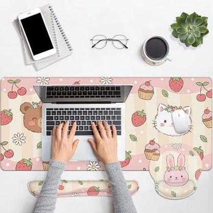 Arttown Keyboard Mouse Pad Set, 4 in 1 Desk Mat Set Strawberry Kawaii | Pink Animal Large Mousepad+Keyboard Wrist Rest+Mouse Wrist Rest+Coaster Ergonomic Design for Home Office Computer - color: Cute Animal