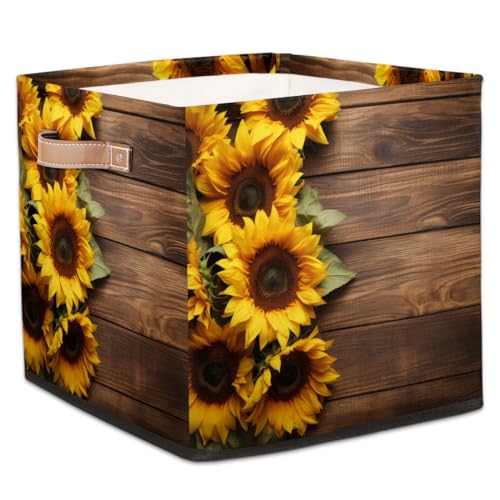 13x13 Inch Storage Basket Bin Sunflower On Wooden Board Polyester Cloth Storage Cube Box Toys Clothes Towels Organizer for Kids Room Bedroom Shelves Pantry