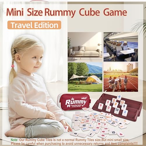Smilejoy Mini Rummy Cube Six Player Edition, Travel Rummy Game Set with Portable Canvas Bag,Classic Board Game for Adults and Kids |160 Tiles|6 Playing Racks|1 Dice (2-6 Player) - style: Mini (2-6 player)