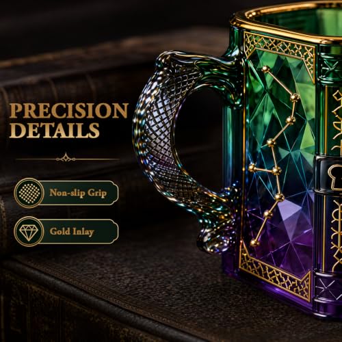 FACE N FACE Zodiac Glass Mug, 8 oz Celestial Constellation Coffee & Tea Cup with Dragon Scale Handle, Green Purple Astrology Mug, Witchy Magic Cup for Halloween Christmas Gift - color: Zodiac Glass Mug