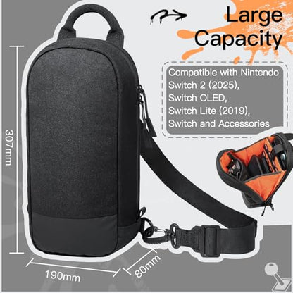 JETech Sling Bag for Nintendo Switch 2/Switch OLED/Switch Console, Black | Crossbody Carrying Design, 8 Game Card Slots, Large Storage Capacity, Travel-Friendly Organization - color: Black