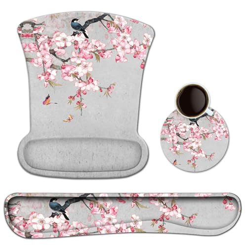 Ergonomic Keyboard Mouse Pad Set with Wrist Rest Support, Memory Foam Hand Rest Wrist Cushion Set for Laptop/Notebook/Desktop/Computer/Gaming/Office/Desk, Easy Typing & Pain Relief(Bird & Pink Flower) - color: Kmwrp-19
