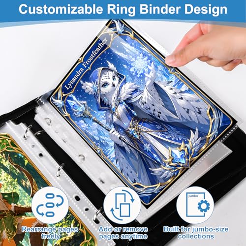 WITHYU Jumbo Card Binder, 5.4 x 7.4 Inch 3-Ring Trading Card Album with Zipper, Holds Oversized Jumbo Cards, 40 Removable Sleeves with 80 Pockets, Waterproof PU Leather Collector Binder, Black - color: 5.4x7.4-black