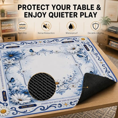 Blue White Daisy Butterfly Mahjong Mat for Table 31.5''x31.5'', Non-Slip Noise Reduction Mah Jongg Mats with Carrying Bag for American Mahjong, Poker, Board Games, Card Games & Dominoes - color: Blue White Daisy Butterfly