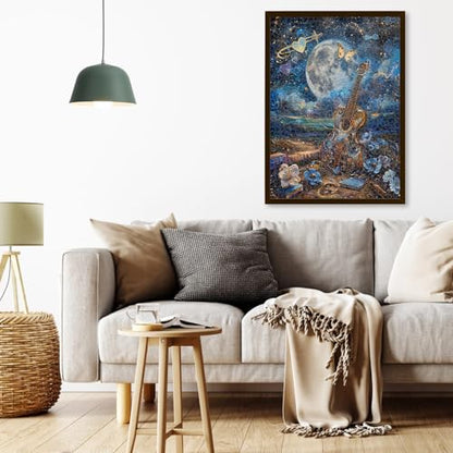 1000 Piece Jigsaw Puzzle for Adults, Guitar Moon Night Puzzle | Murder Mystery, Artistic Musical Fantasy Puzzle with Moon, Butterfly and Blue Flowers, Challenging Art, 26.6x19.2 in - color: Midnight Melody