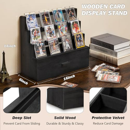 Emfogo Trading Card Display, 3-Tier Card Display Case with Custom Drawer, Wood Graded Card Display with Supporters and Dividers, Sports Card Display Case for Collection (Black) - color: Black