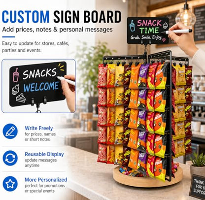 Chip Rack Display Stand, 360° Rotating 6-Sided Chip Holder Display for Countertop with 75 Adjustable Clips, Wooden Base Tray, DIY Message Board & Pen, Snack Display Rack for Concession Stand, Retail, Office, Parties - size: Rotatable use