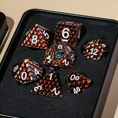 Metal Dice Set D&D,7 PCS Dragon Scale Metallic DND Dice Set,Dragon Eye Metal Dice with Grogeous Gift Case for Dungeons and Dragon Tabletop Game (Reddish Brown Dragon Scale & Cyan Eye) - color: Reddish Brown Dragon Scale & Cyan Eye