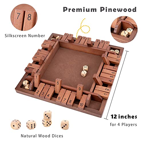 Shut The Box Game Wooden 4 Player, Classic Board Game for Kids & Adults, Educational Math Learning Toy, Table Dice Game for The Party Family or Bar - 12 Inch with 8 Dice - style: 4 Players