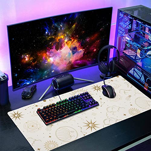 Boho Chic Sun Moon Large Mouse Pad XXL Magic Mystical Galaxy Stars Clouds Extended Large Desk Mat White Big Desk Pad 90X40 CM Non-Slip Rubber Base Stitched Edge Long Mousepad,35.4 x 15.7 Inch - color: Chic, size: 35.4 x 15.7 inches