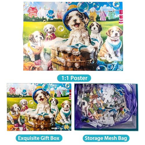 100 Piece Puzzles for Kids Ages 4-6 6-8 8-10 Year Old - Puppies and Bubbles, 100 Pieces Jigsaw Puzzles for Kids, Children Learning Educational Toys Gift for Boys and Girls - size: Dogs Puzzles