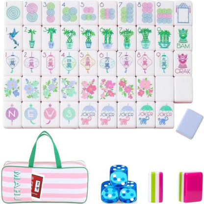 4 Layer Mahjong Tiles, 2026 Premium 160 Pcs Acrylic American Mahjong Tiles Set with Dice, Engraved Four Layer Mahjong Tile with Exquisite Carrying Bag, Home Trips Social Game (Pink Floral) - color: Pink Floral
