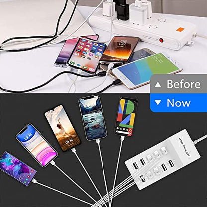 10-Port USB Wall Charger Station with Rapid Charging Auto Detect Technology Safety Guaranteed Family-Sized USB Ports for Multiple Devices Smart Phone Tablet Laptop Computer