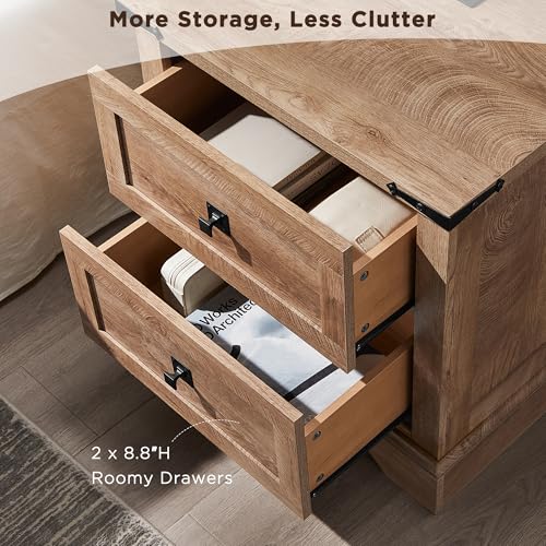 T4TREAM 24" Farmhouse Nightstand with Charging Station, Light Knotty Oak | End Table, 2 Large Storage Drawers, Rustic Wood Sofa Bedside Table, Bedroom, Living Room - color: Light Knotty Oak, size: 24"W*15.75"D*24"H