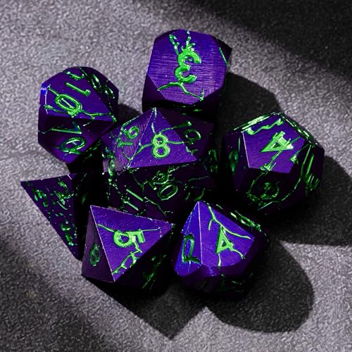 Metal Dice for DND - Ancient Cracked Pharaoh Ruins – Purple Green Cracks | Beautiful 7pc Polyhedral Dice Set, Smooth Rolling, Role Playing Games (RPG), Compatible with D&D, for Dungeons and Dragons - color: Purple With Green Cracks