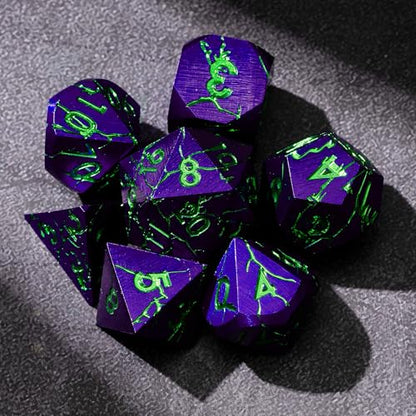 Metal Dice for DND - Ancient Cracked Pharaoh Ruins – Purple Green Cracks | Beautiful 7pc Polyhedral Dice Set, Smooth Rolling, Role Playing Games (RPG), Compatible with D&D, for Dungeons and Dragons - color: Purple With Green Cracks
