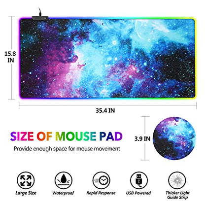 AIMSA RGB Gaming Mouse Pad Extended, Large Led Mousepads Non-Slip Rubber Base with 14 Lighting Modes, Computer Keyboard Mat Soft Desk pad Waterproof 35.4 x 15.8 inches, Galaxy Nebula Universe - color: Galaxy Nebula Universe