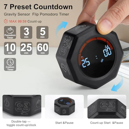 Small Productivity Timer - Pomodoro Timer with 3/5/10/25/60 Min Presets & Custom Countdown | Magnetic Rechargeable Digital Clock for Desk, Study and Games (Black) - color: Black