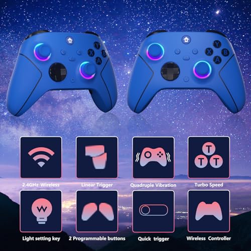 YUYIU Wireless 2.4GHz Controller with 7 Colors RGB Light for Xbox Controller, Xbox One Series X|S,Consoles,Steam PC Windows,with 1000mAh Battery/hall effect sticks/Turbo/Programmable, 3.5mm Audio Jack - color: Blue