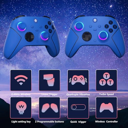 YUYIU Wireless 2.4GHz Controller with 7 Colors RGB Light for Xbox Controller, Xbox One Series X|S,Consoles,Steam PC Windows,with 1000mAh Battery/hall effect sticks/Turbo/Programmable, 3.5mm Audio Jack - color: Blue