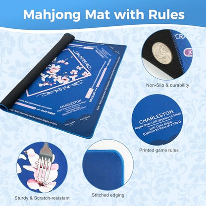 American Mahjong Mat for Table 32.6"x32.6" No Creases Rollup Shipped | with Velvet Bag Non Slip Mahjong Table Mat Noise Reduction Mahjong Mats with Print Rules for Playing (Navy Blue) - color: Navy Blue