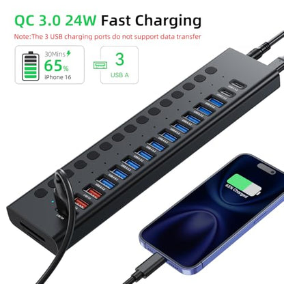 VANGREE Powered USB Hub 10Gbps, 17 Ports USB 3.2 Hub, 96W Power Adapter | 10 USB-A 3.2, 3 QC 24W Fast Charging, 2 USB-C 3.2, SD/TF, 12V/8A Power Adapter for Laptop, PC, Computer, HDD, Flash Drive - color: Black