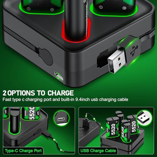 for Rechargeable Xbox One Controller Battery Pack Charger with 4 x 5520mWh Max Capacity, Charging Accessories Kit for Xbox Series X/S Controllers