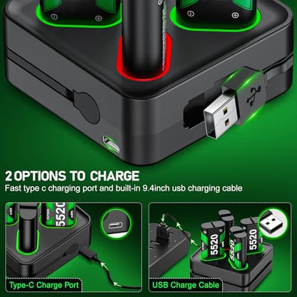 for Rechargeable Xbox One Controller Battery Pack Charger with 4 x 5520mWh Max Capacity, Charging Accessories Kit for Xbox Series X/S Controllers