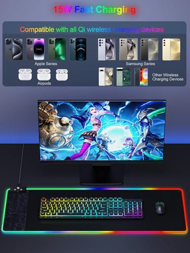 RGB Gaming Mouse Pad with Fast Wireless Charger, LED Extended Desk Mat, Home Office Large Desk Pad with Ultra-Smooth Surface, Non-Slip Base, Waterproof Keyboard Pad (Black) - color: 31.5x11.81"-Black w/PD Charger