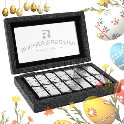 Bucher&Rossini Metal Surface Dominoes Set Double 6 - Classic Black Domino's Game Set with Silver Metal Surface Dominos Set for Adults and Kids Ideal Gift for Domino Players or Family Game Night - color: Silver New - Double 6